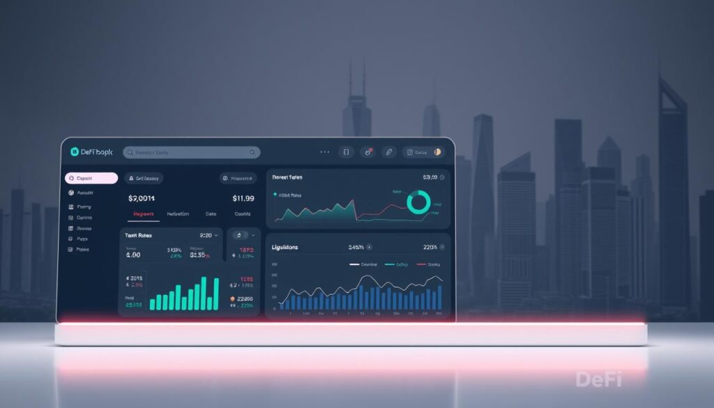 A sleek, user-friendly DeFi deposit and borrow interface set against a muted, futuristic backdrop. The foreground showcases a clean dashboard with intuitive controls, highlighting deposit and borrow options for various digital assets. The middle ground features dynamic charts and graphs, providing real-time data on interest rates, liquidity, and asset performance. The background subtly depicts a cityscape of towering skyscrapers, hinting at the global scale and interconnectivity of the DeFi ecosystem. Soft, ambient lighting sets a calm, authoritative tone, inviting users to engage with the platform. The overall composition conveys a sense of power, innovation, and accessibility within the DeFi landscape.