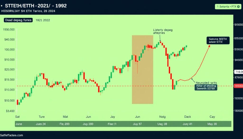 Historical chart showing STETH to ETH price ratio with notable depeg events highlighted