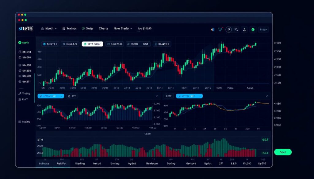 Trading interface showing Lido Staked Ether STETH price charts and order books